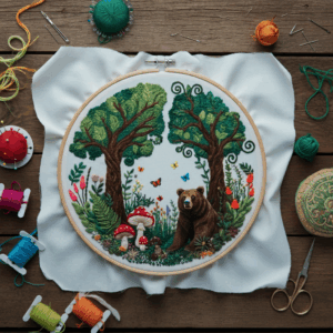 close-up-cross-stitching-picture-bear-forest