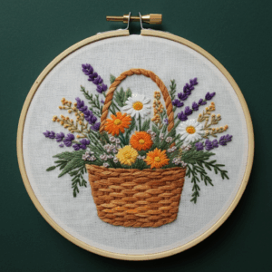 embroidery-basket-flowers-lavenders-green-surface