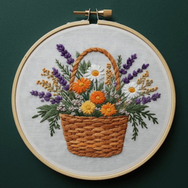 embroidery-basket-flowers-lavenders-green-surface