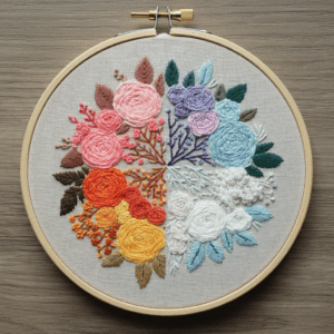 embroidery-bunch-flowers-wooden-surface-2