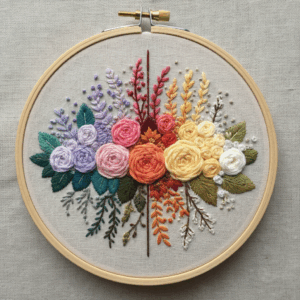 embroidery-bunch-flowers-hoop-wooden-frame