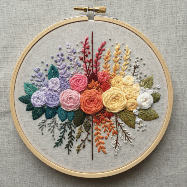 embroidery-bunch-flowers-hoop-wooden-frame