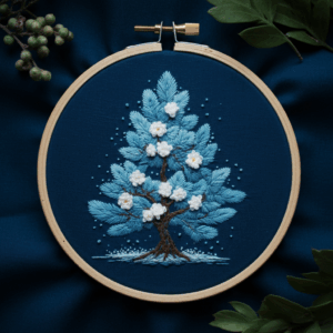 close-up-cross-stitched-picture-tree-white-flowers