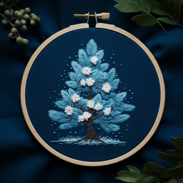 close-up-cross-stitched-picture-tree-white-flowers