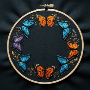close-up-embroideryed-picture-butterfly-wreath