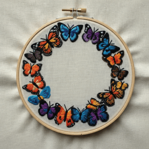 close-up-embroideryed-hoop-circle-butterflies