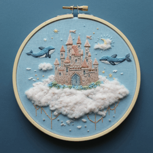 close-up-embroideryed-picture-castle-cloud