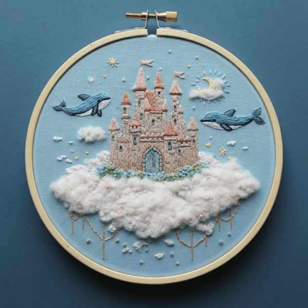 close-up-embroideryed-picture-castle-cloud