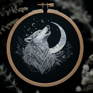 arafed-embroidery-wolf-howling-at-moon