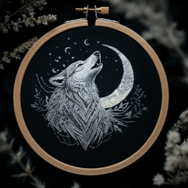 arafed-embroidery-wolf-howling-at-moon