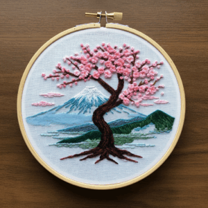 close-up-embroidery-tree-mountain-background