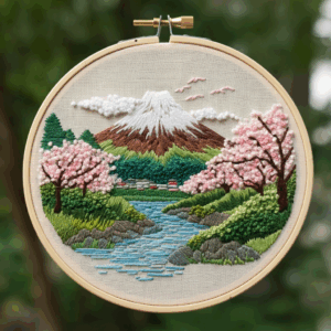 close-up-cross-stitched-picture-mountain-river