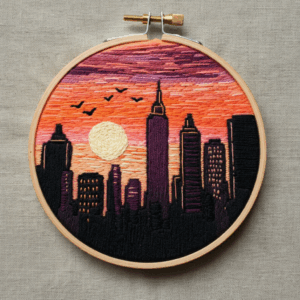 close-up-embroidery-city-birds-flying-sky