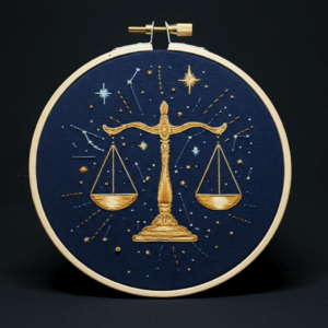 close-up-cross-stitched-picture-scale-justice