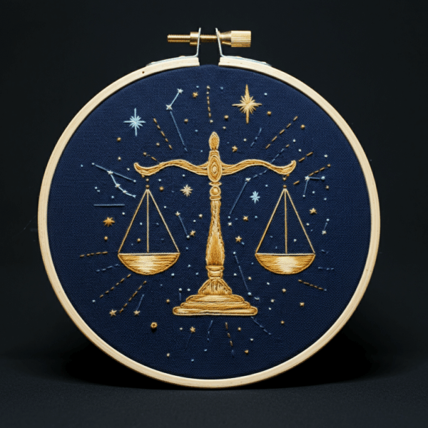 close-up-cross-stitched-picture-scale-justice