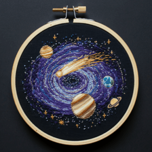close-up-cross-stitched-picture-space-scene