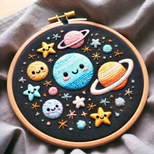 close-up-embroideryed-picture-space-scene