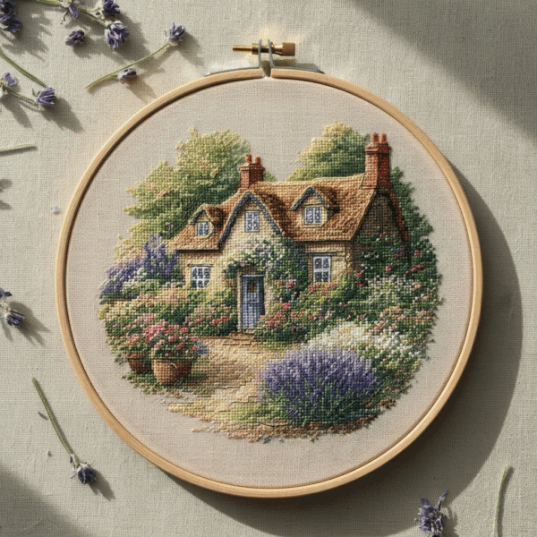 close-up-cross-stitch-picture-house-garden