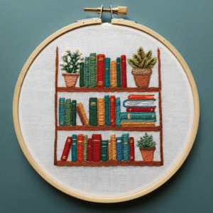 close-up-cross-stitched-picture-shelf-books-plants