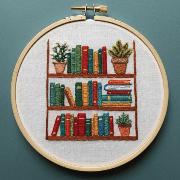 close-up-cross-stitched-picture-shelf-books-plants