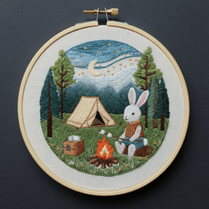 embroidery-rabbit-sitting-chair-next-campfire