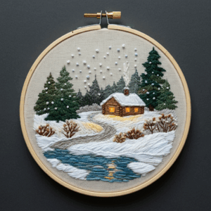 embroidery-cabin-snow-river-trees