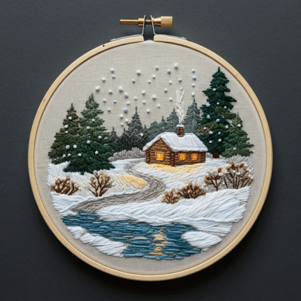 embroidery-cabin-snow-river-trees
