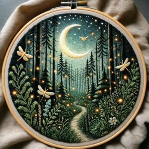 embroidery-art-forest-scene-crescent-dragonflies