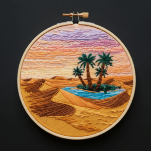 close-up-embroidery-desert-scene-palm-trees