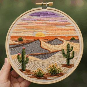 close-up-person-holding-embroideryed-picture-desert