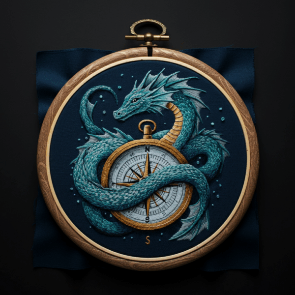 arafed-embroidery-dragon-compass-blue-cloth