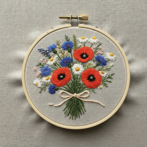 embroidery-bouquet-flowers-ribbon-table