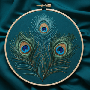 close-up-peacock-feather-embroidery-blue-fabric
