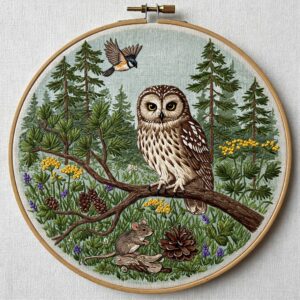 embroidery-owl-mouse-branch-forest
