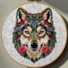 close-up-cross-stitch-picture-wolf-flowers