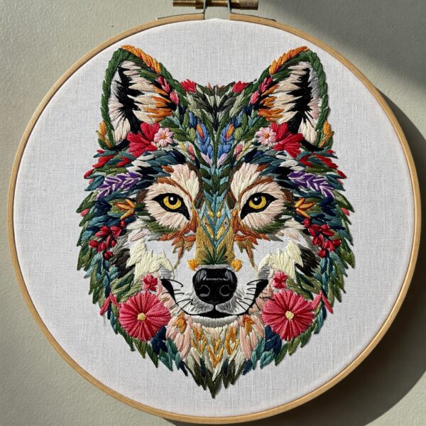 close-up-cross-stitch-picture-wolf-flowers