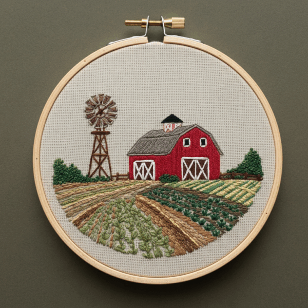 close-up-cross-stitch-picture-red-barn-windmill