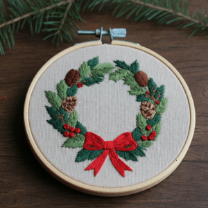 close-up-cross-stitch-wreath-pine-cones-red-ribbon