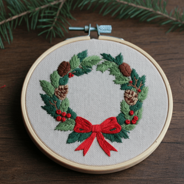 close-up-cross-stitch-wreath-pine-cones-red-ribbon