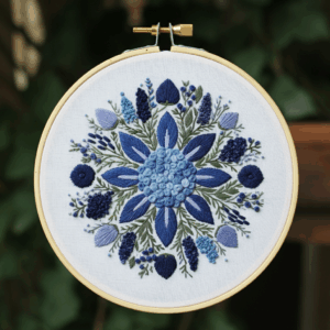 close-up-cross-stitched-picture-blue-flower