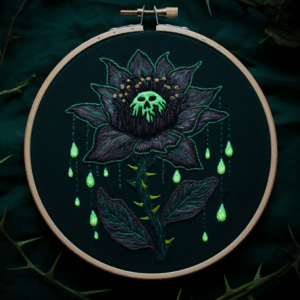 close-up-cross-stitched-picture-flower-green-leaves