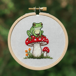 close-up-cross-stitched-picture-frog-mushroom