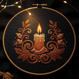 close-up-cross-stitched-picture-lit-candle-2