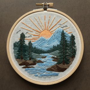close-up-cross-stitched-picture-mountain-scene