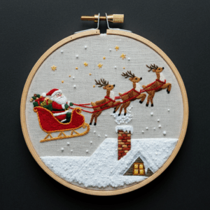 close-up-cross-stitched-picture-santa-sleigh-reindeers
