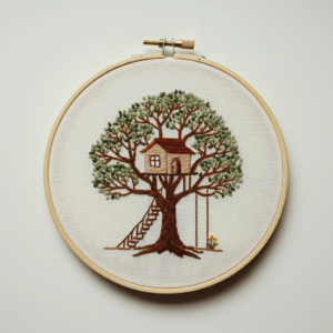 close-up-cross-stitched-picture-tree-house