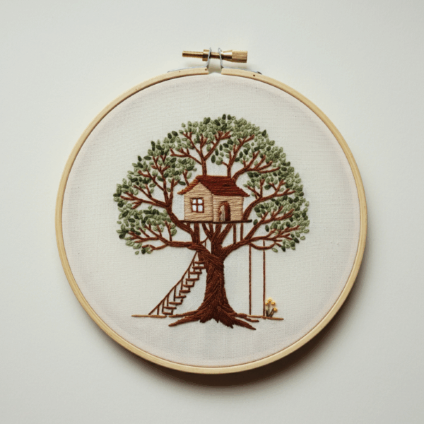 close-up-cross-stitched-picture-tree-house