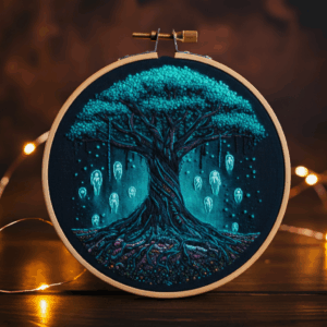 close-up-cross-stitched-picture-tree-glowing-lights
