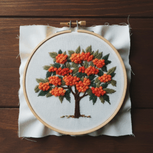 close-up-cross-stitched-picture-tree-orange-berries