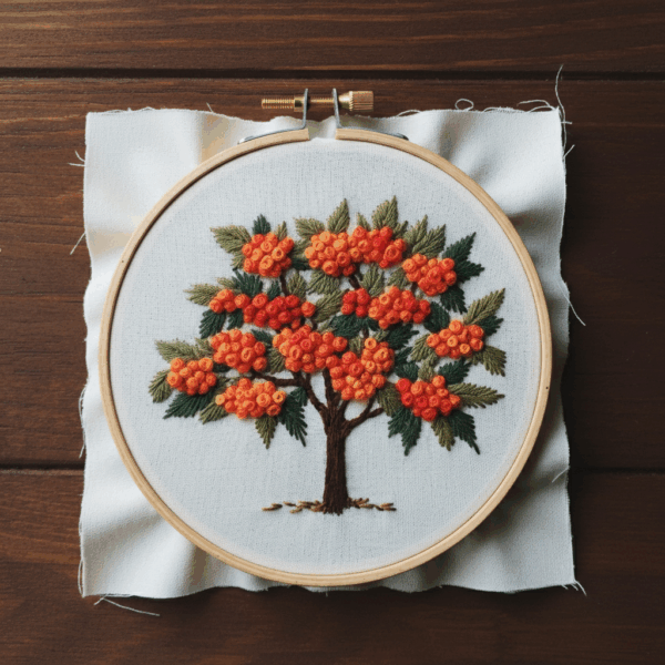 close-up-cross-stitched-picture-tree-orange-berries